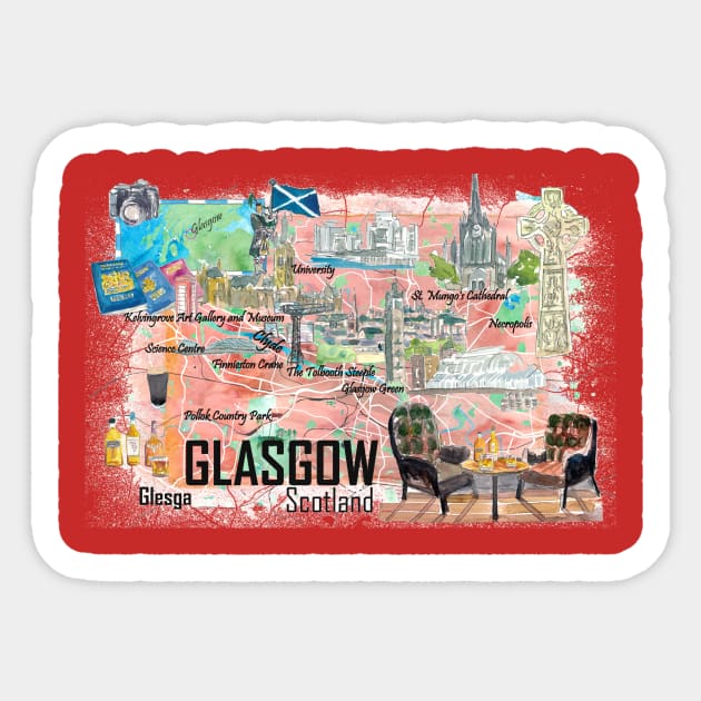 Glasgow Scotland Illustrated Travel Map With RoadsS Sticker by artshop77